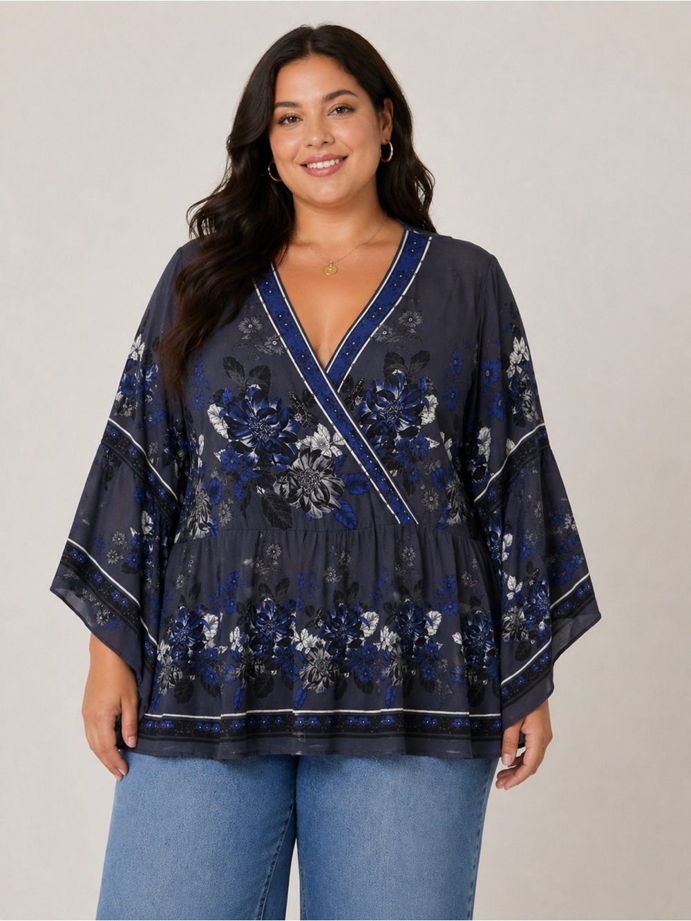City Chic Floral‎ Blouse XXL Blue Gray Boho Whimsigoth Flowy Bell Sleeve Top - Picture 5 of 12
